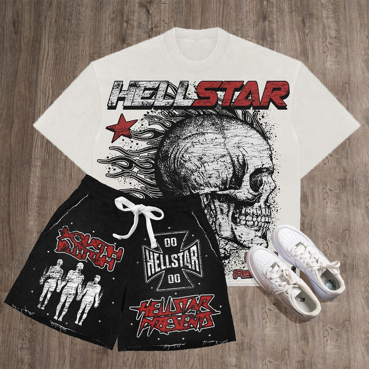 Hellstar Skull Flame Print T-Shirt Shorts Two-Piece Set