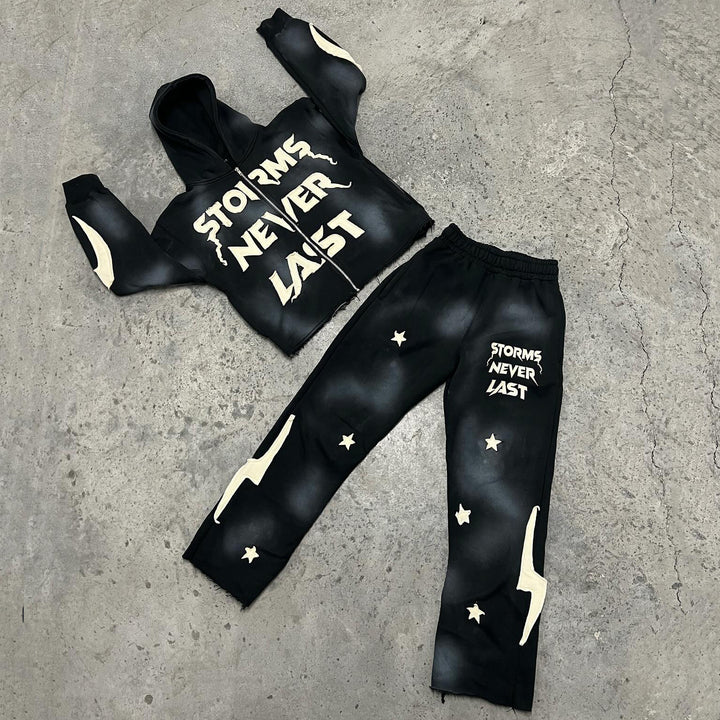 Storms never last patch-zip hoodie and pants two-piece set