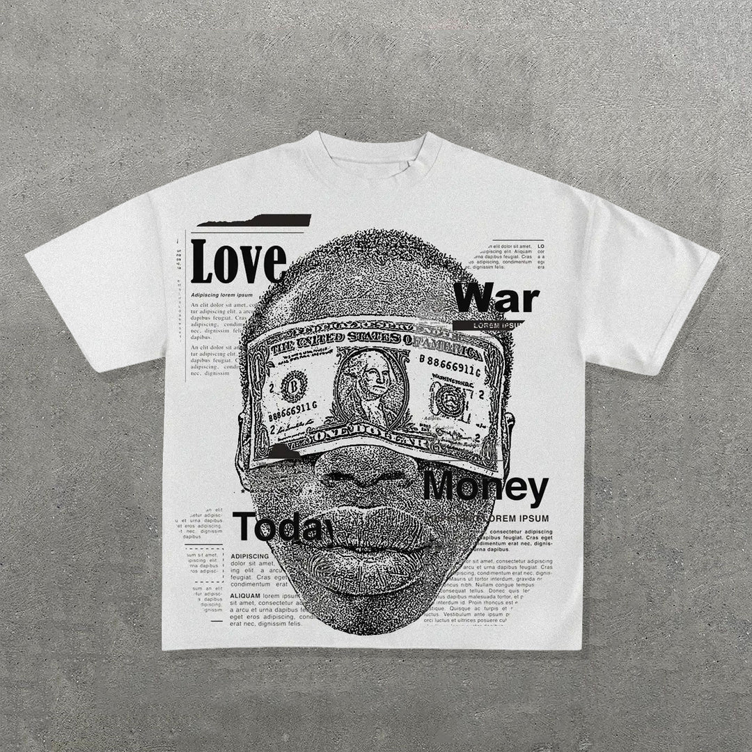 Money Letter Mix Print Short Sleeve T-shirt