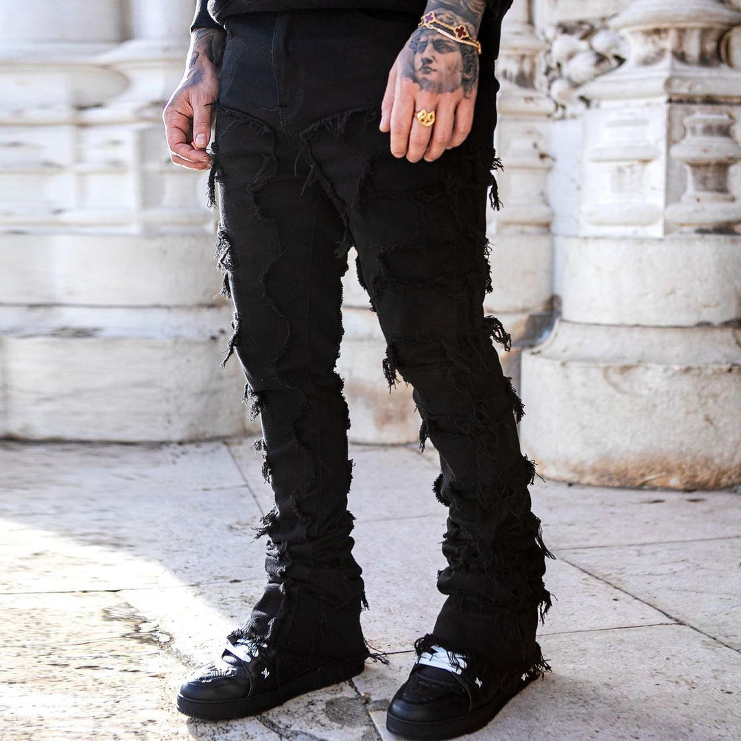 Trendy tassel raw edge slim fit washed bootcut jeans