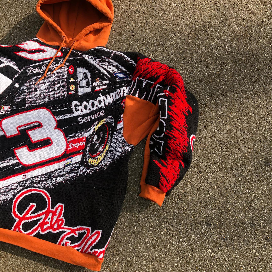 racing print tapestry patchwork hoodie