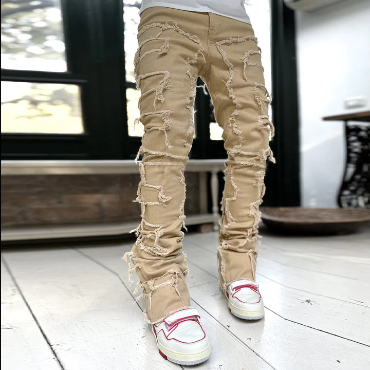 Men's Street Fashion Stretch Patch Denim Straight Leg Pants