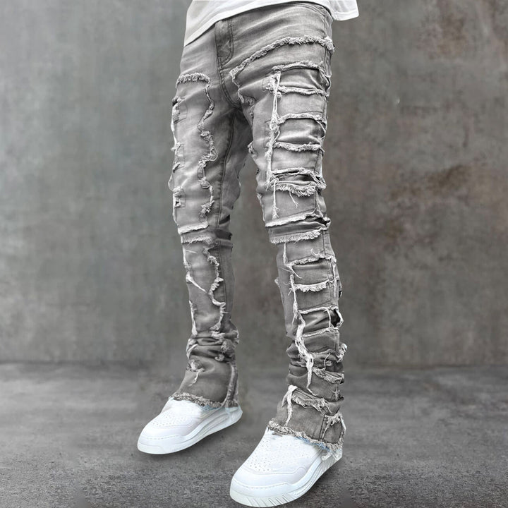 Street fashion stretch patch denim straight pants