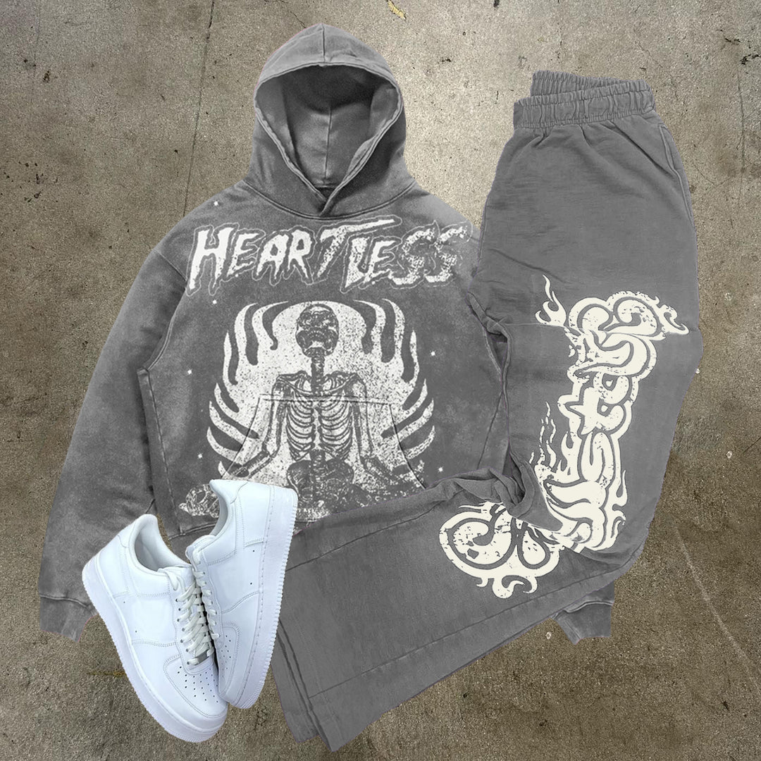 Fashion Heartless Print Hoodie Sweatpants Two Piece Set