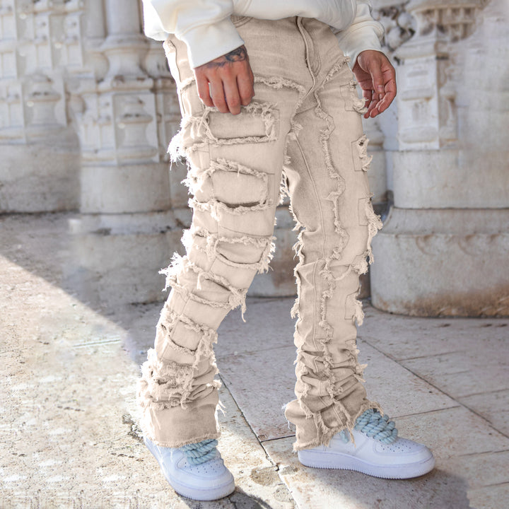 Trendy tassel raw edge slim fit washed bootcut jeans
