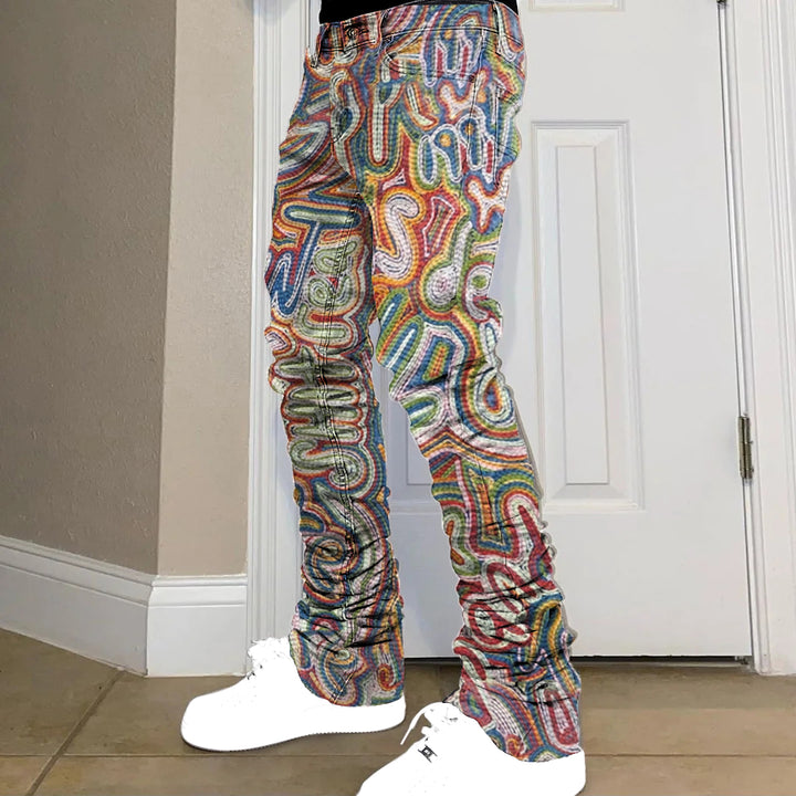 Colorful artistic pattern casual pile pants