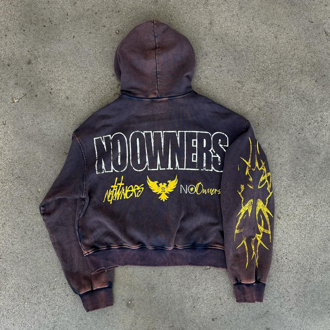 retro no owners print zip up hoodie