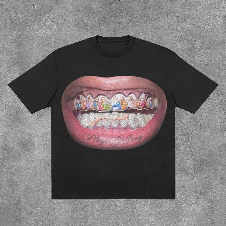 Personalized Mouth & Letter Print Short Sleeve T-Shirt