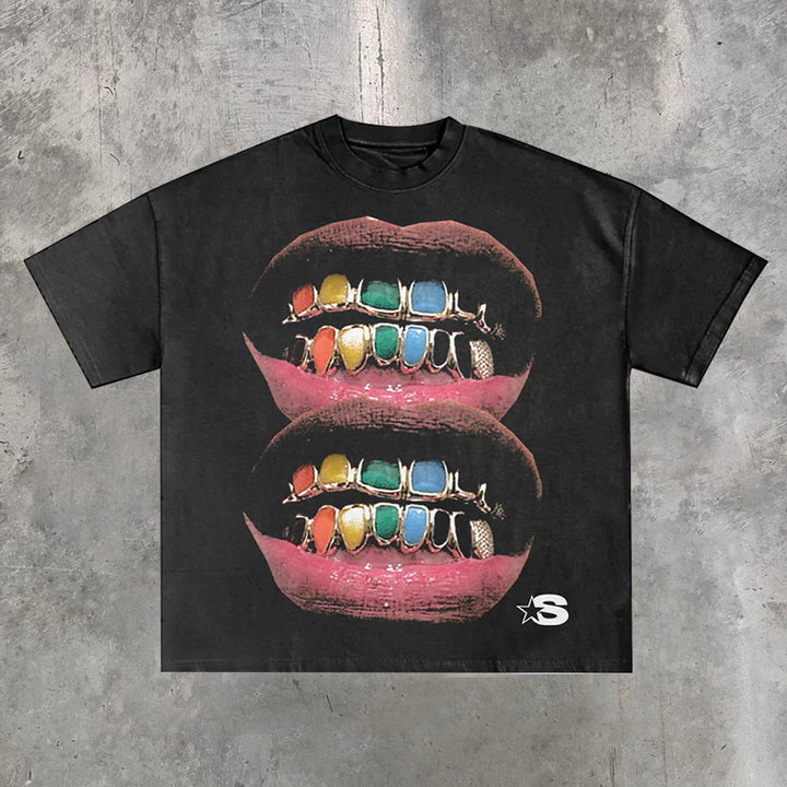 Casual loose lip print graphic T-shirt