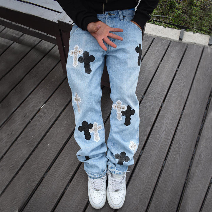 Personalized street style cross print jeans