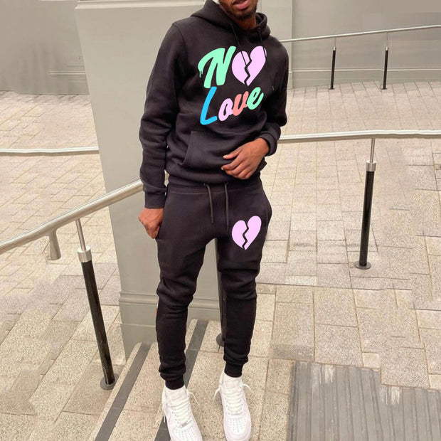 Casual No Love Print Hoodie And Pants Two Piece Set
