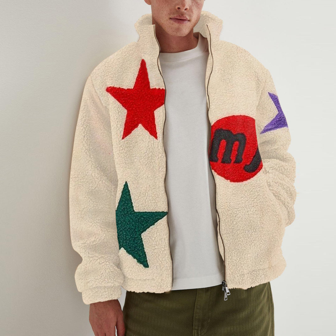 Casual plush five-pointed star print men's lapel jacket