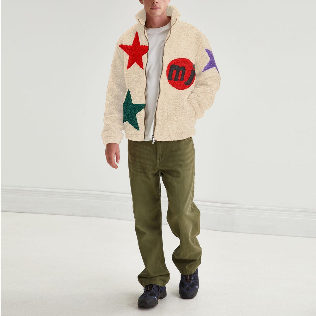 Casual plush five-pointed star print men's lapel jacket
