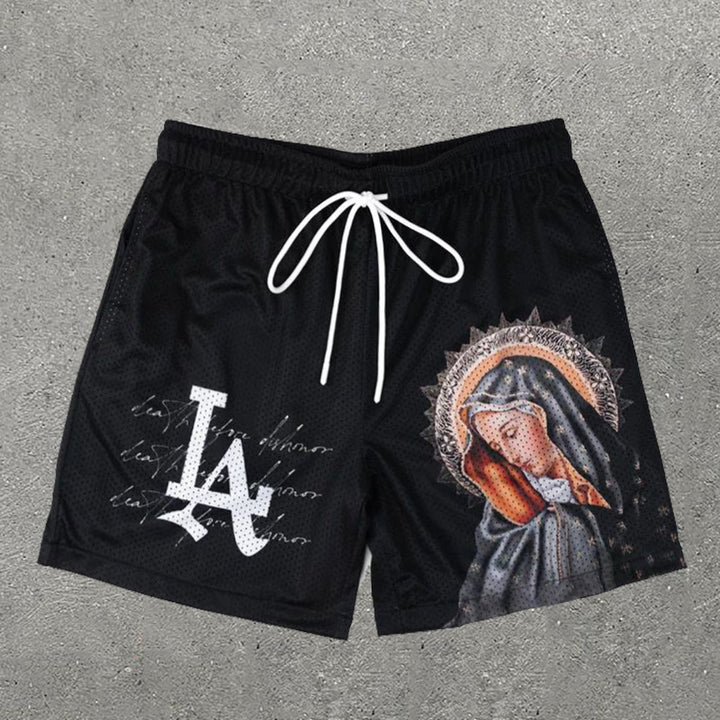 LA Virgin Mary Print Mesh Shorts