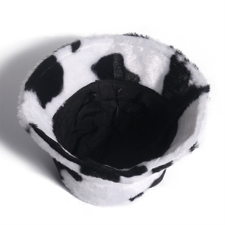 Black and white cow pattern fisherman hat with plush to keep warm in autumn and winter, shopping and outing all-match i