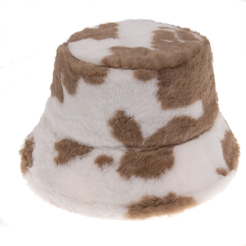 Black and white cow pattern fisherman hat with plush to keep warm in autumn and winter, shopping and outing all-match i